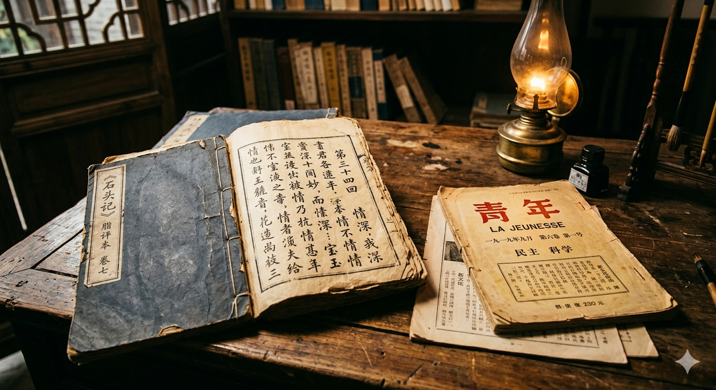 珍贵革命文献特写，泛黄纸张上有手写文字，边缘有岁月痕迹，光线柔和照亮纸张纹理